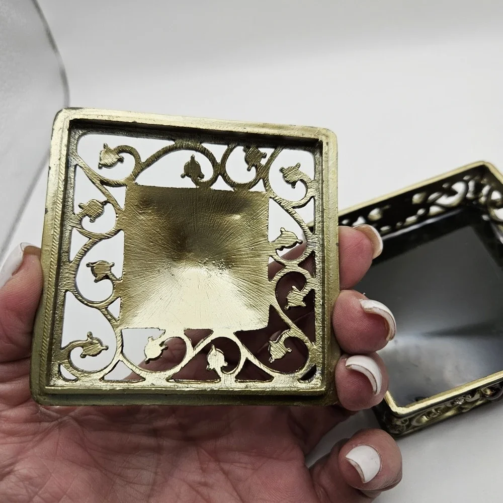 Ornate Square Enamel Floral Filigree Trinket Box with Rhinestone Accents 3